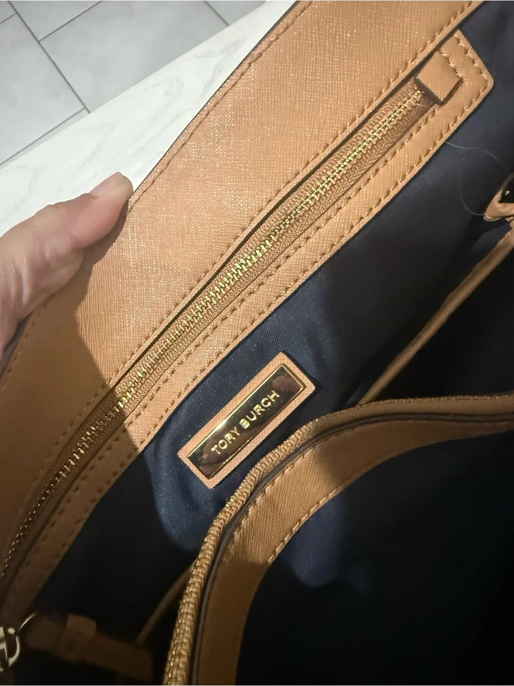 Tory Burch Cognac Leather Tote with Gold Trim
